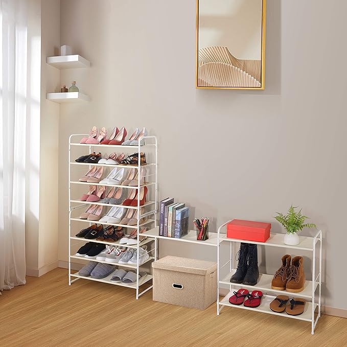 Simple Trending 4 Tier Stackable Shoe Rack, Expandable & Adjustable Fabric Shoe Shelf Storage Organizer, White