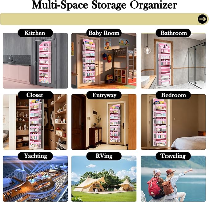 PAULONE 1 Pack Heavy Duty Over the Door Organizer, 6 Large + 12 Mesh Pockets with 89 lbs Capacity, Space-Saving Hanging Storage for Shoes, Toys, Bedroom & Closet (6-Layer Pink)