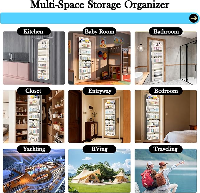 PAULONE 1 Pack Heavy Duty Over the Door Organizer, 6 Large + 12 Mesh Pockets with 89 lbs Capacity, Space-Saving Hanging Storage for Shoes, Toys, Bedroom & Closet (6-Layer Off-White)