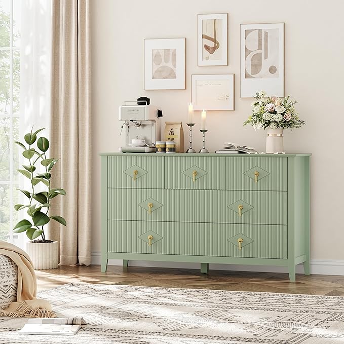GarveeHome Fluted Dresser for Bedroom, 54 in Wide 7-Drawer Wood Dresser, Modern Chest of Drawers, Storage Organizer Cabinet for Living Room, Hallway, Entryway, Green