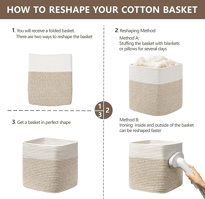 joybest 11inch Cube Storage Bins Set of 4, Cotton Rope Woven Organizer Basket for Shelves, Cube Bin Square Shelves Organizer Closet Storage, Nursery, Toy Organization, Brown&White