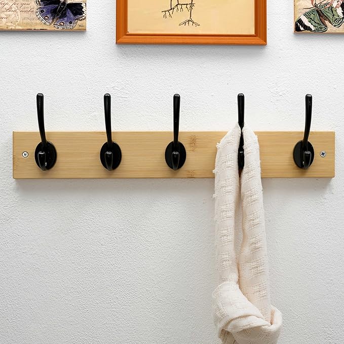 Dseap Wall Mounted Coat Rack: 16" Hole to Hole, Coat Hook Hanger with 5 Metal Hooks for Hanging Coats Towels Hats Clothes, Natural & Black