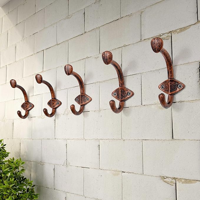 Dseap Cast Iron Wall Hooks L=5”, Heavy Duty Coat Hooks, Rustic Vintage Farmhouse Hook for Hanging Winter Coats Jackets Towels Hats Bags Plants, Antique Copper, Pack of 5 (ShieldBold)