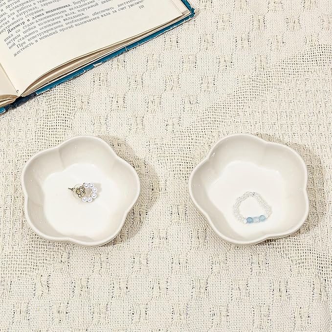 Koythin 2-Piece Small Trinket Dish, Ceramic Jewelry Ring Dish, Flower Key Holder Bowl for Women, Decorative Plate Tray for Dresser, Home Decor Organizer Trinket Tray (Five Petal Flower, White)