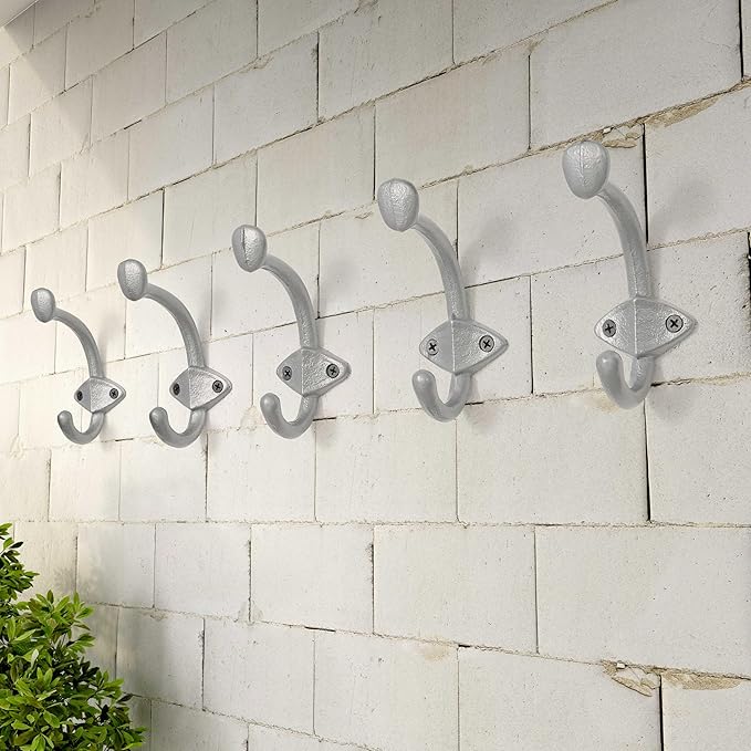 Dseap Cast Iron Wall Hooks L=5”, Heavy Duty Coat Hooks, Rustic Vintage Farmhouse Hook for Hanging Winter Coats Jackets Towels Hats Bags Plants, Silver, Pack of 5 (ShieldBold)