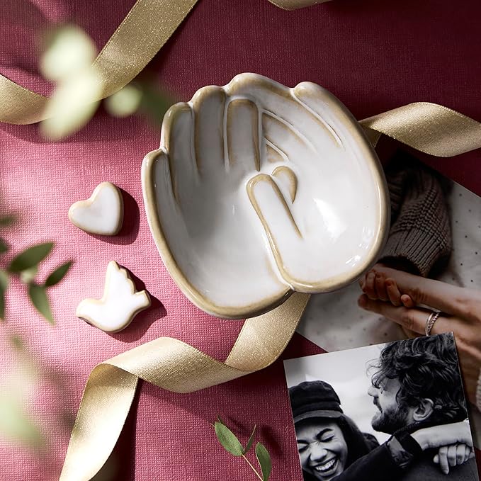 DEMDACO Hand in Hand Collection Together White Novelty 2 x 4 Stoneware Jewelry Catch-All Organizer Ring Holder & Small Keepsake Trinket Tray