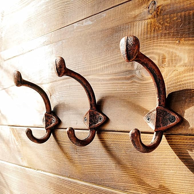 Dseap Cast Iron Wall Hooks, Heavy Duty Coat Hooks, Rustic Vintage Farmhouse Hook for Hanging Winter Coats Jackets Towels Hats Bags Plants, Antique Copper, Pack of 5 (ShldCast)