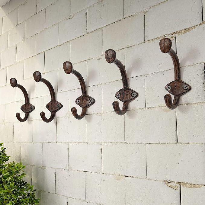 Dseap Cast Iron Wall Hooks L=5”, Heavy Duty Coat Hooks, Rustic Vintage Farmhouse Hook for Hanging Winter Coats Jackets Towels Hats Bags Plants, Antique Brown, Pack of 5 (ShieldBold)