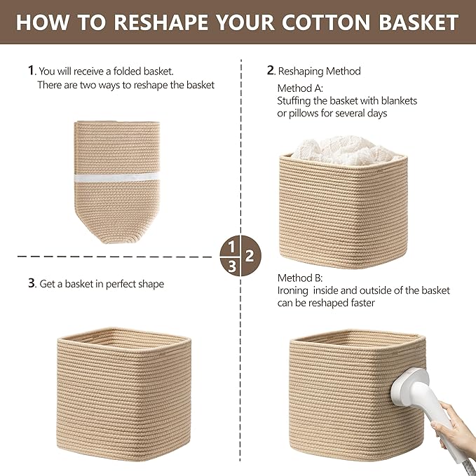 joybest 13x13x13 Inch Cube Storage Bins Set of 4, Cotton Rope Woven Organizer Basket for Shelves, Cube Bin Square Shelves Organizer Closet Storage, Nursery, Toy Organization, Brown