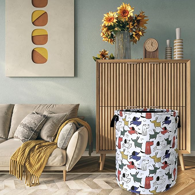 Cute Cartoon Animal Dogs Laundry Basket Foldable With Handles Tote Bag Oxford Cloth Funny Dog Laundry Hamper Clothes Storage Bucket Toy Organizer 18.9" x16.5" For Bathroom/Laundry/Bedroom