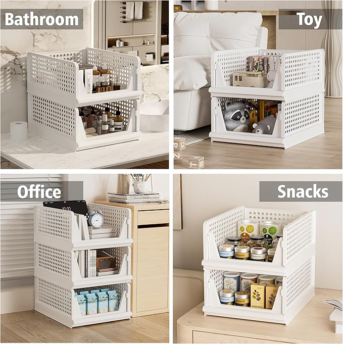 Proarea 5 Pack Stackable Storage Bins, Foldable Closet Organizer Baskets, Plastic Drawer Bins for Closet Organization, Wardrobe Shelf, Laundry Room, White
