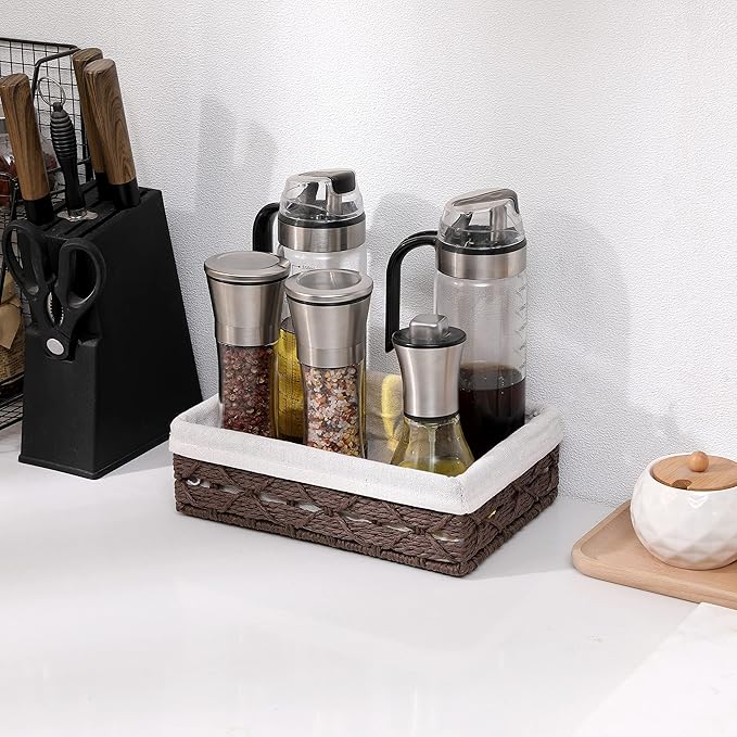 Small Storage Basket With Liner,Wicker Decorative Basket for coffee table,RectangleTray,Bathroom Countertop Organizer,rectangle Kitchen Drawer Organizer Storage Set of 2 Brown