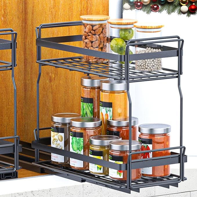 Pull Out Spice Rack Organizer for Inside Kitchen Cabinets, Heavy Duty Slide Out Seasoning Kitchen Organizer, 2 Tier Vertical Sliding Seasoning Organizer, 10.5" D x 5.1" W x 9.6" H