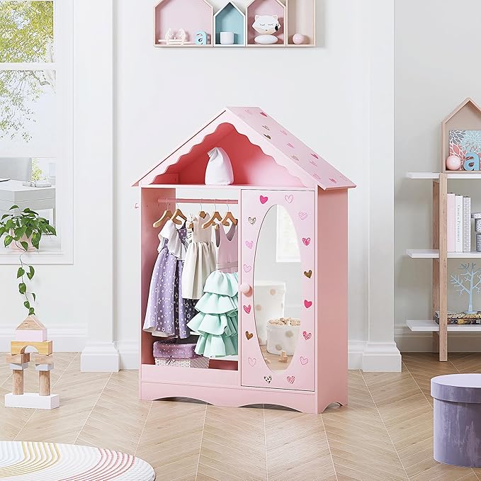 UTEX Kids Dress Up Storage with Mirror, Kids Wardrobe Closet, Dress Up Armoire for Little Girls, Open Hanging Costume Organizer with Storage Cabinet for Kids Room, Playroom | with Mirror, for Little Girls, Open Hanging, Costume Organizer, with Storage ...