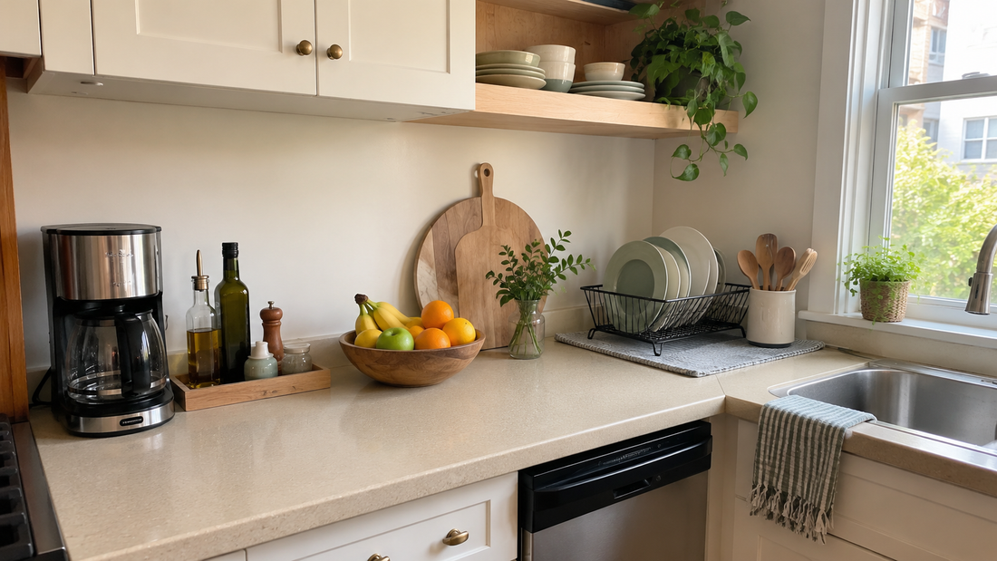Organized small kitchen counter with clear zones, a countertop tray, dish rack, coffee area, and open prep space.