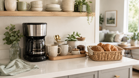 Small kitchen breakfast station with coffee supplies, mugs, and grab-and-go breakfast items organized on a warm neutral countertop.