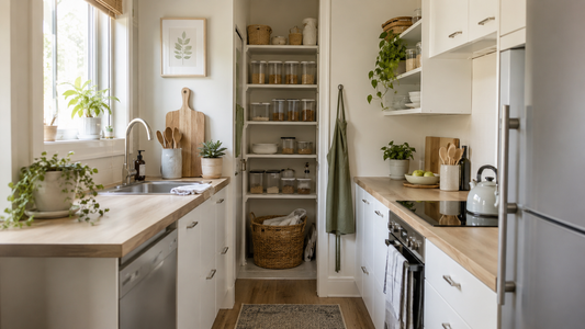 Small kitchen organization ideas with clear pantry bins, cabinet shelves, drawer organizers, and everyday storage for a practical apartment kitchen.