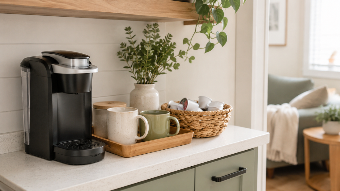 Simple coffee corner in a small kitchen with mugs, coffee maker, tray, and lazy Susan turntable for coffee add-ins.