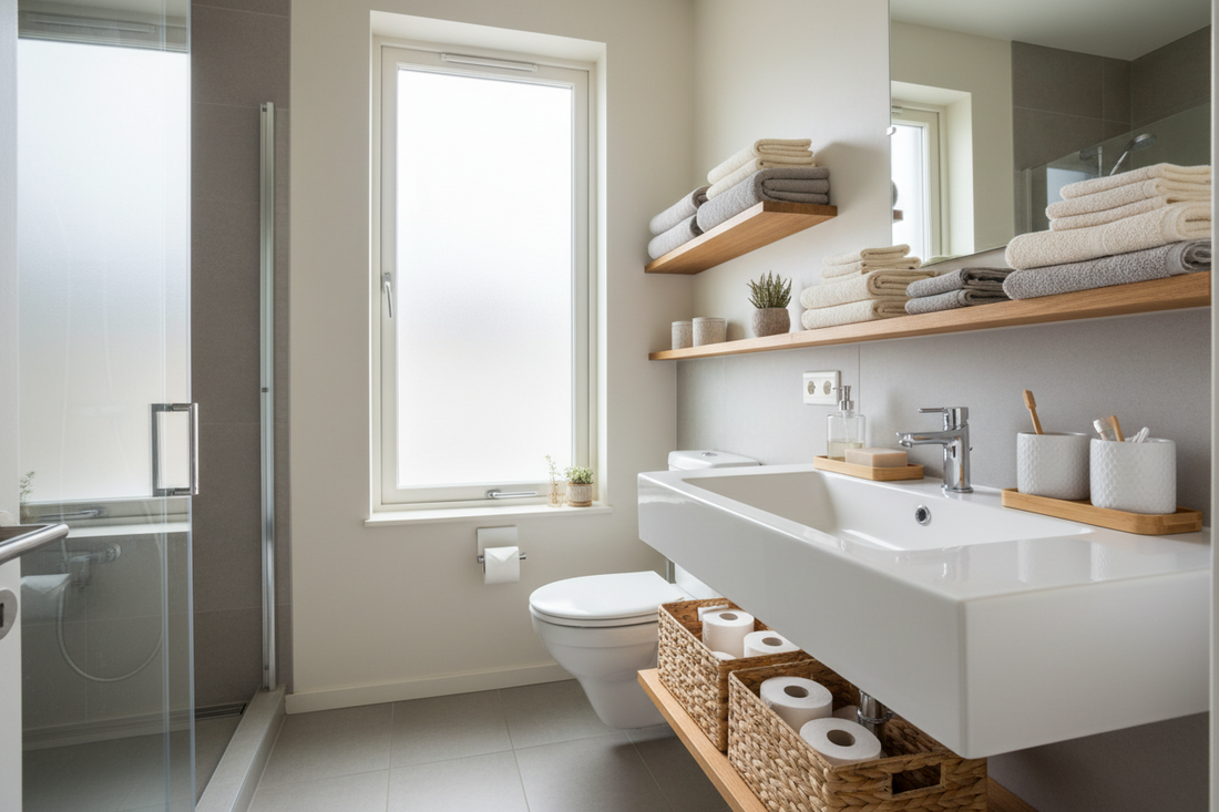 Small bathroom with practical storage baskets and countertop organizers