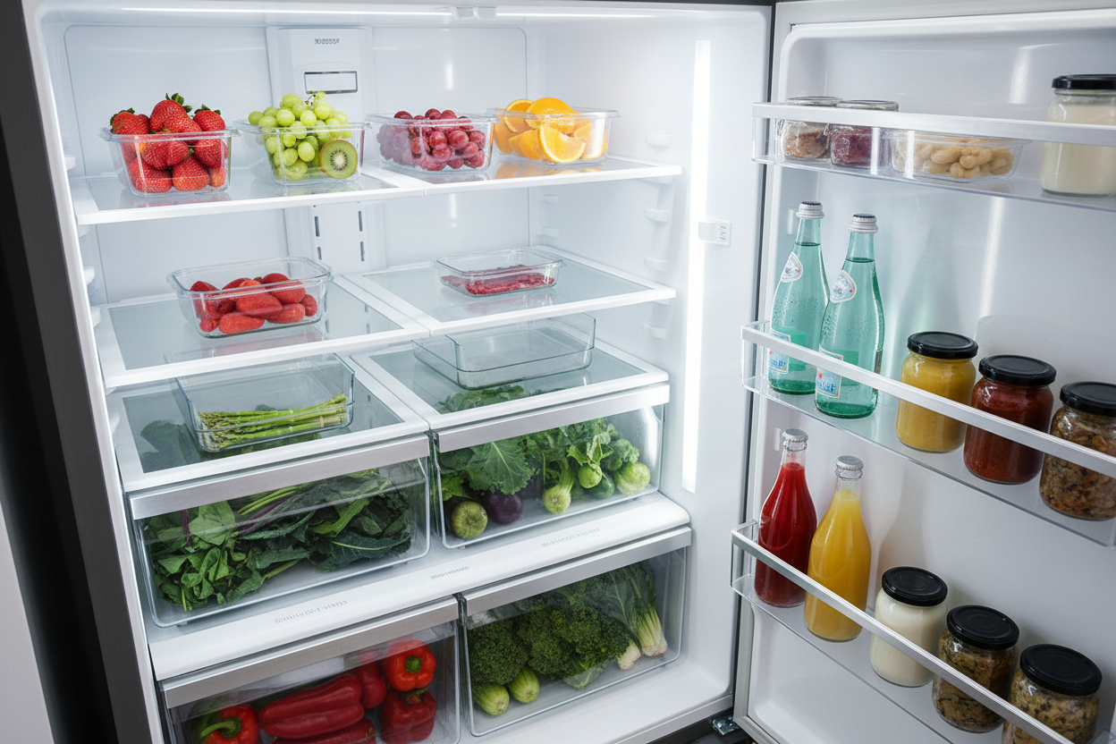 Fridge organizers with clear bins and drawers for efficient refrigerator storage and space-saving organization