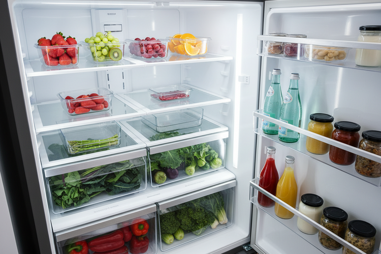 Fridge organizers with clear bins and drawers for efficient refrigerator storage and space-saving organization