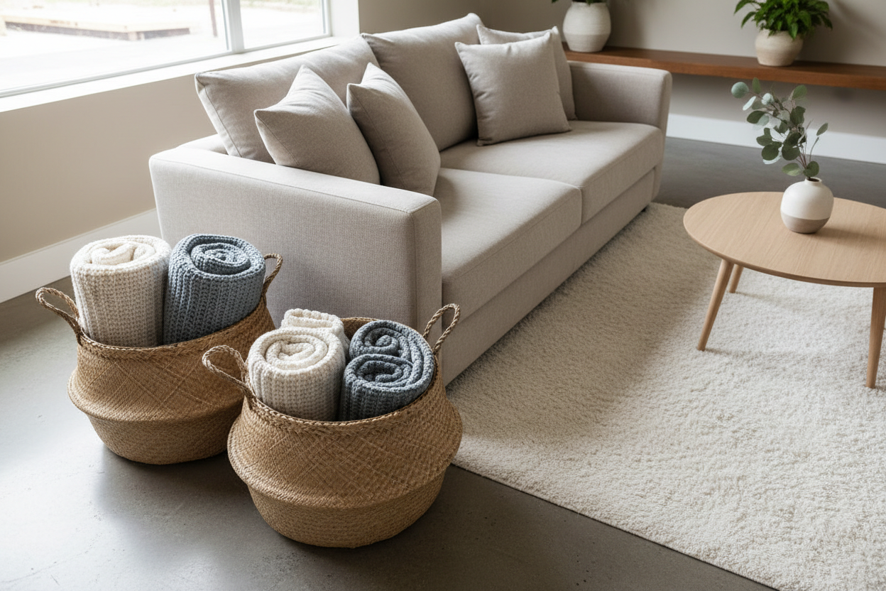 Blanket storage with baskets and bins for organized and cozy home storage solutions