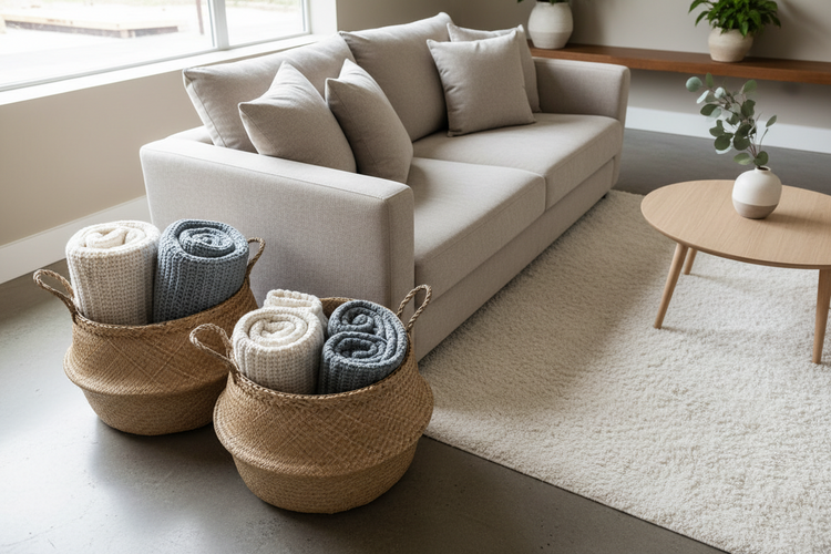Blanket storage with baskets and bins for organized and cozy home storage solutions