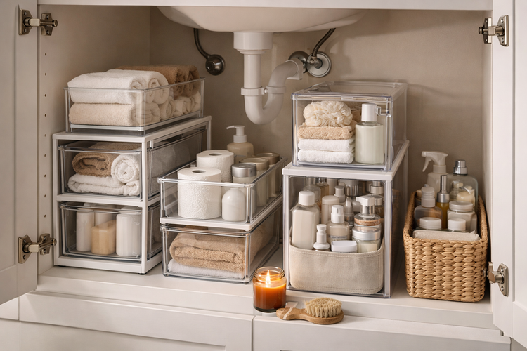 Under sink organizers with shelves and drawers for efficient storage and space-saving cabinet organization