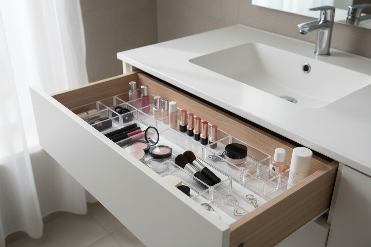 Bathroom drawer organizers with divided compartments for cosmetics and toiletries in a clean and organized space