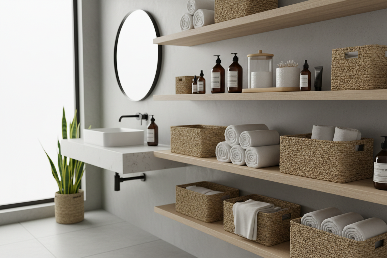 Bathroom baskets with towels and toiletries for stylish and organized bathroom storage