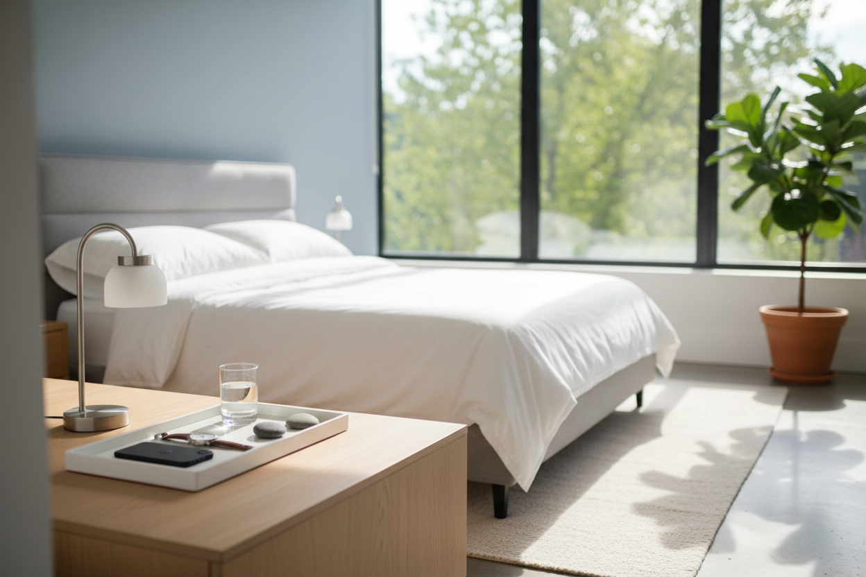 Nightstand tray organizing phone, glasses, and small essentials on a clean bedside table
