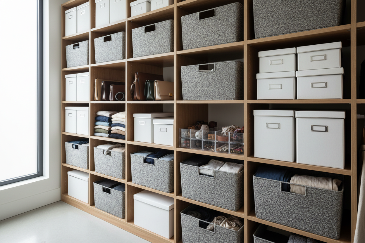 Closet bins and boxes for organized clothing and accessory storage in a clean and space-saving closet