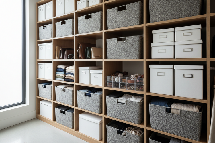 Closet bins and boxes for organized clothing and accessory storage in a clean and space-saving closet