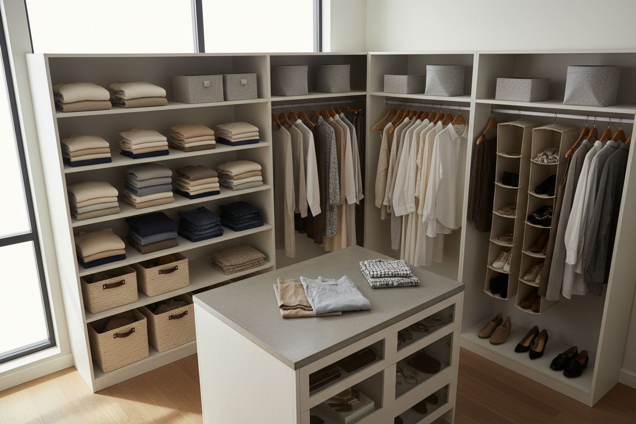 Clothing storage with bins and organizers for neat and space-saving closet organization