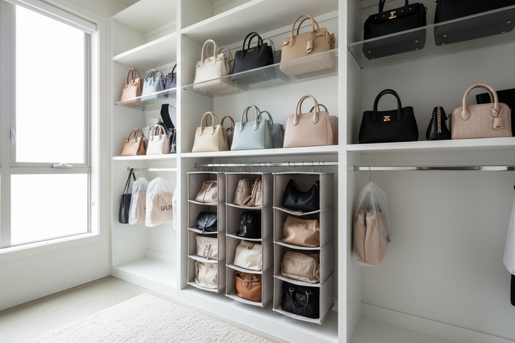 Handbag organizers with hanging and shelf storage for neat and space-saving closet organization
