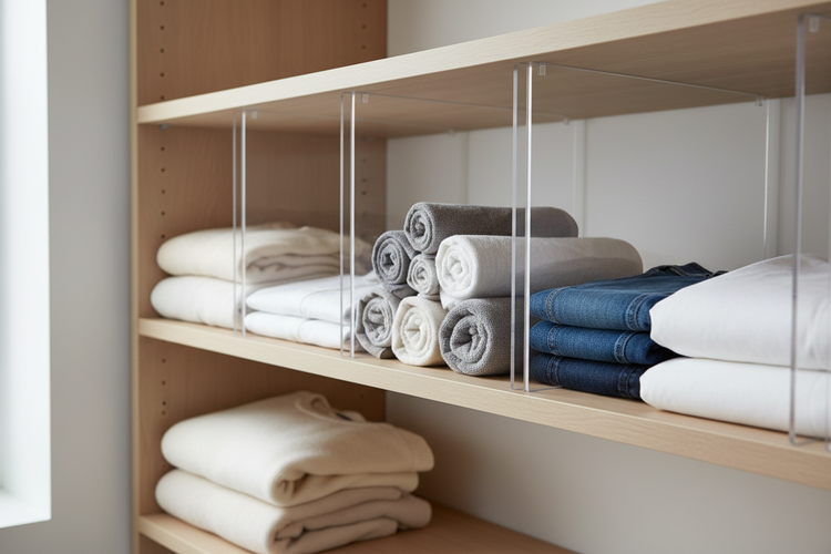Shelf dividers organizing folded clothes and linens for neat and structured closet storage
