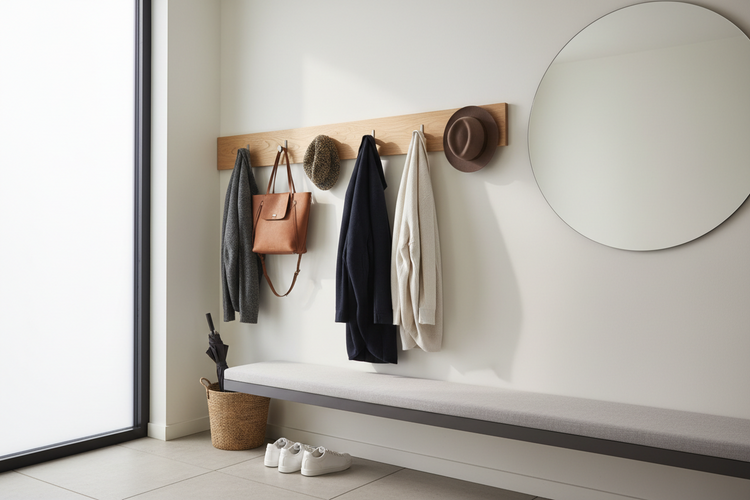 Coat hooks with hanging jackets and bags for organized and space-saving entryway storage