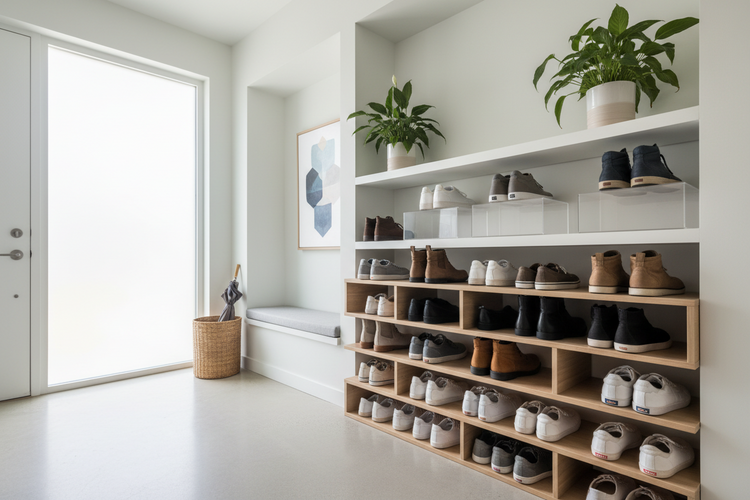 Shoe storage with racks and boxes for organized and space-saving footwear storage