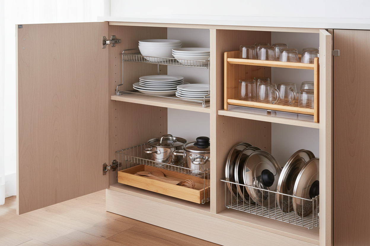 Cabinet storage organizers with shelves and racks for efficient kitchen organization and space-saving solutions