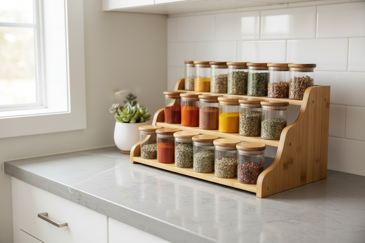 Spice organizers with neatly arranged jars for efficient kitchen storage and easy access cooking
