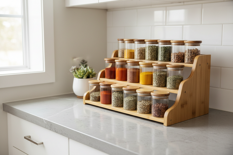 Spice organizers with neatly arranged jars for efficient kitchen storage and easy access cooking