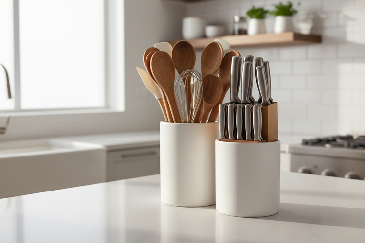 Utensil organizers with trays and holders for clean and efficient kitchen tool storage