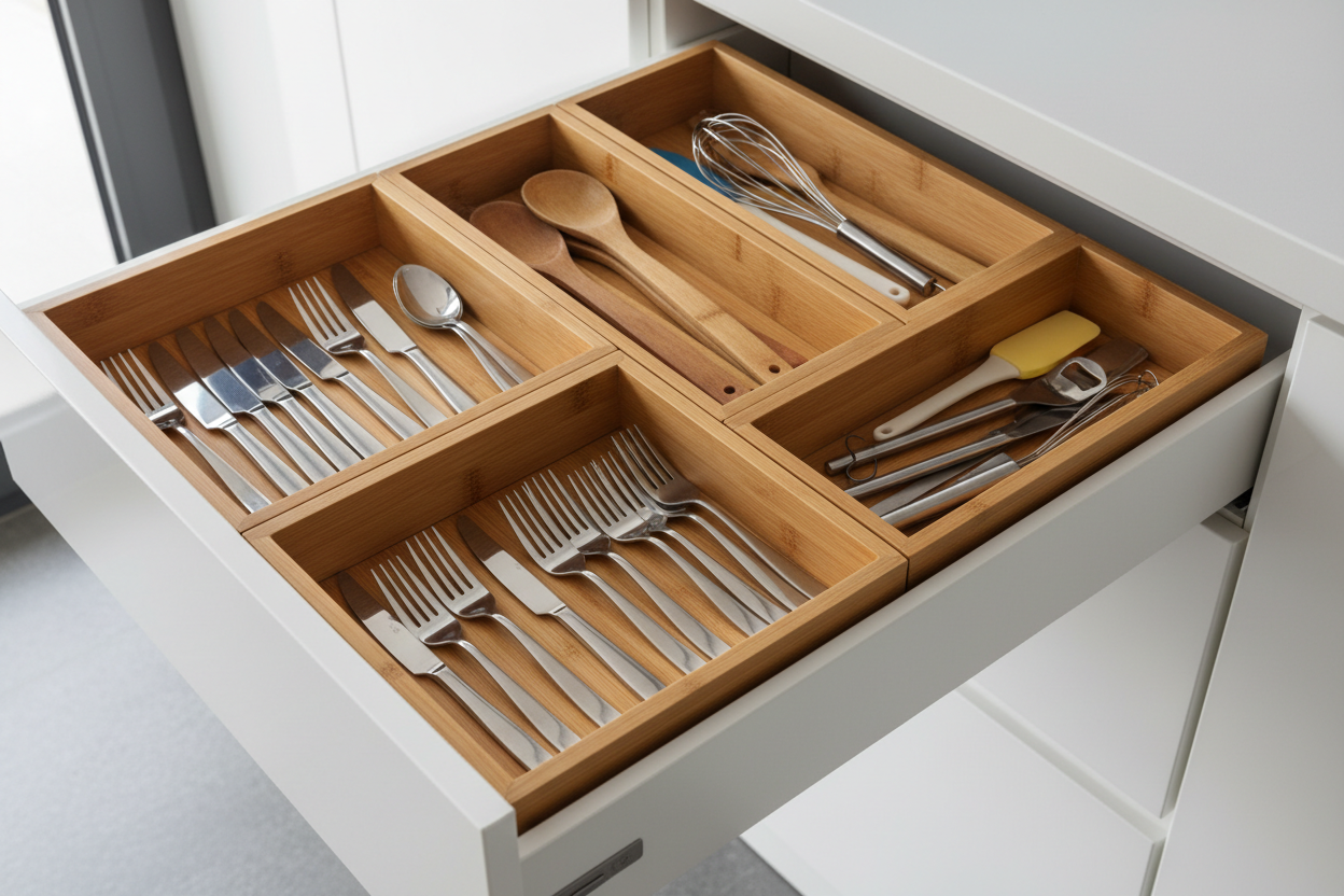 Kitchen drawer organizers with divided compartments for utensils and tools in a clean and organized kitchen drawer