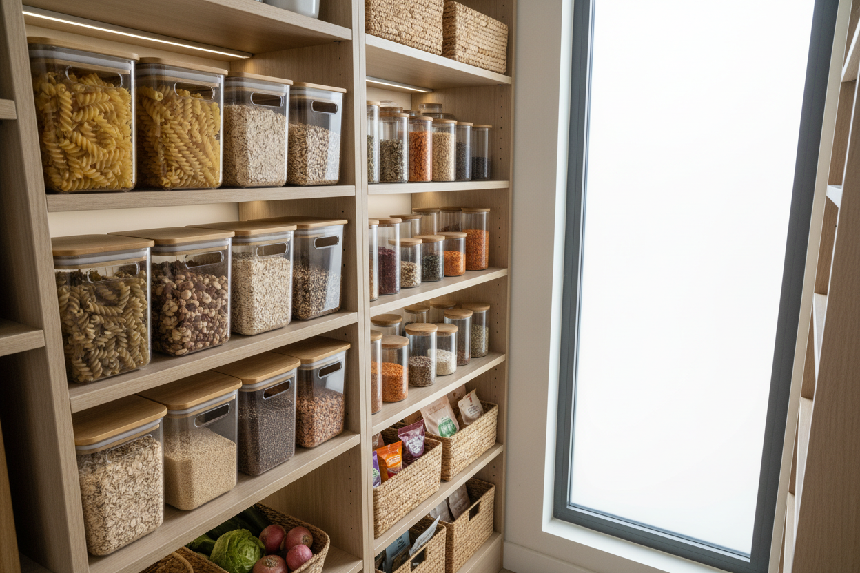Pantry organizers with clear storage bins and containers for efficient kitchen organization in small spaces