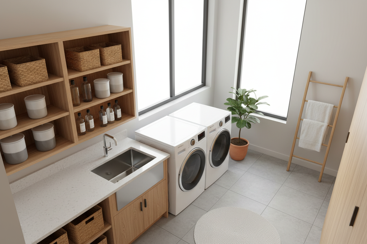 Laundry storage with bins and shelves for organized and efficient laundry room setup