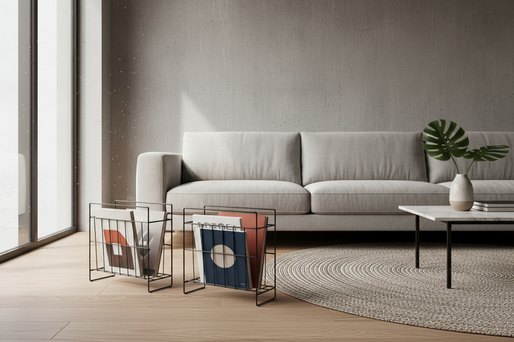 Magazine holders with neatly organized magazines and books for clean and accessible home storage