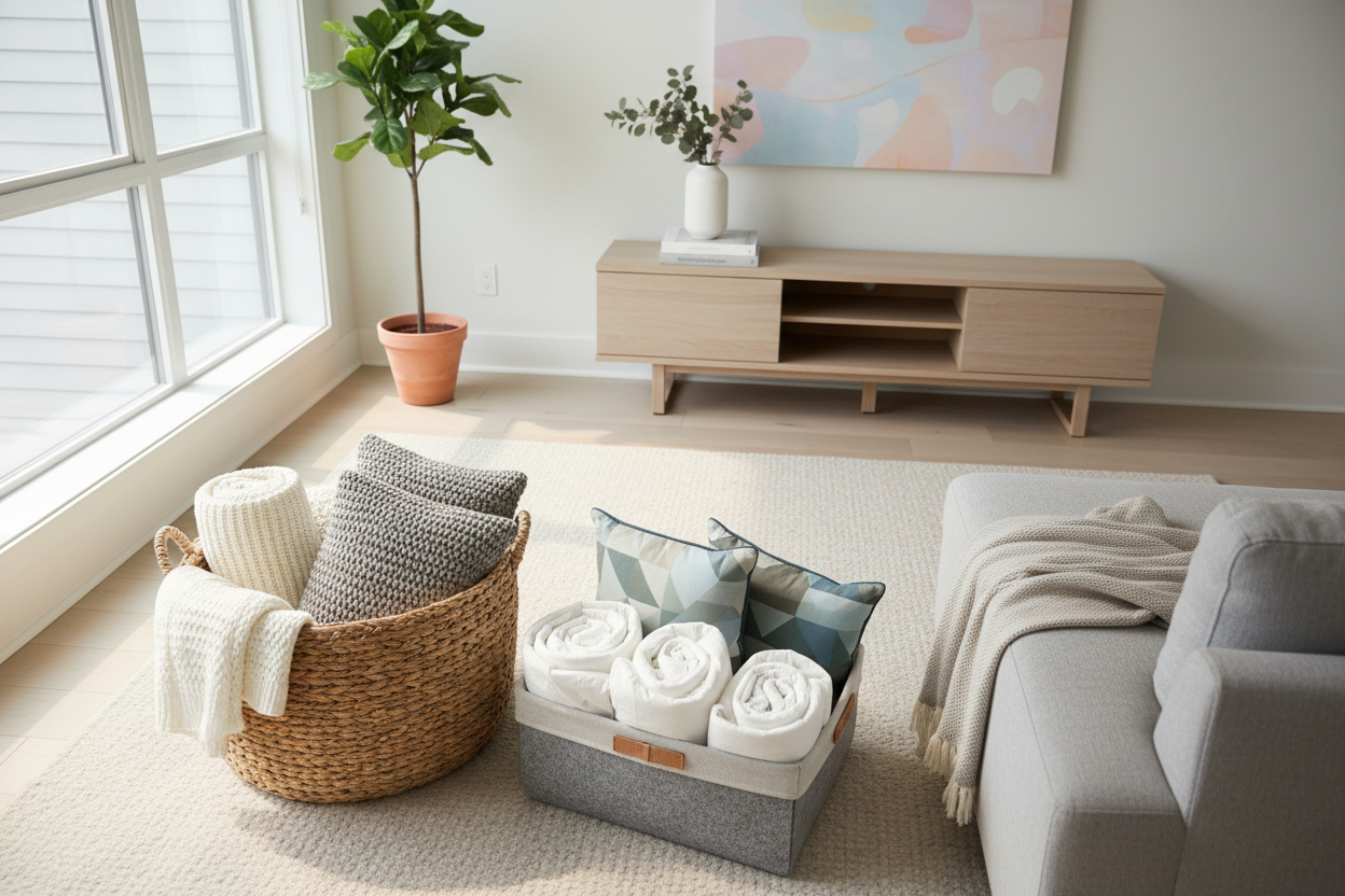 Storage baskets with blankets and household items for stylish and organized home storage