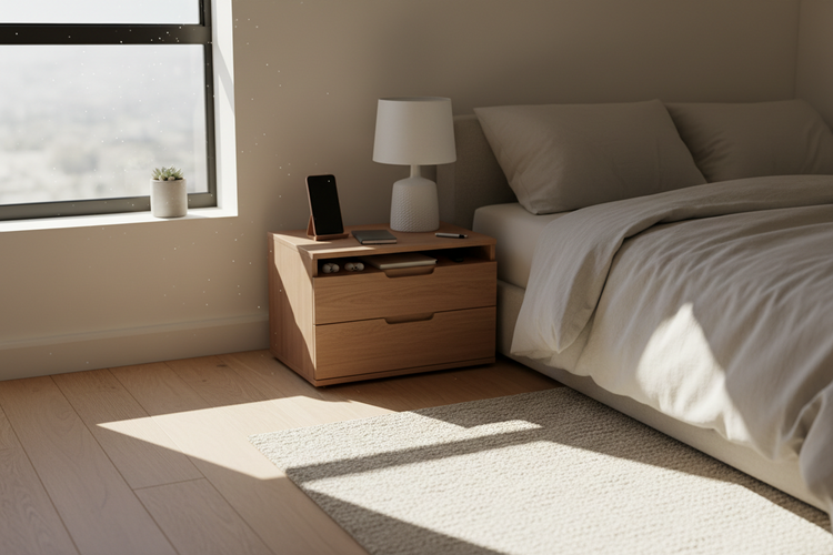 Bedside organizer holding phone, book, and essentials in a clean and organized bedroom setup