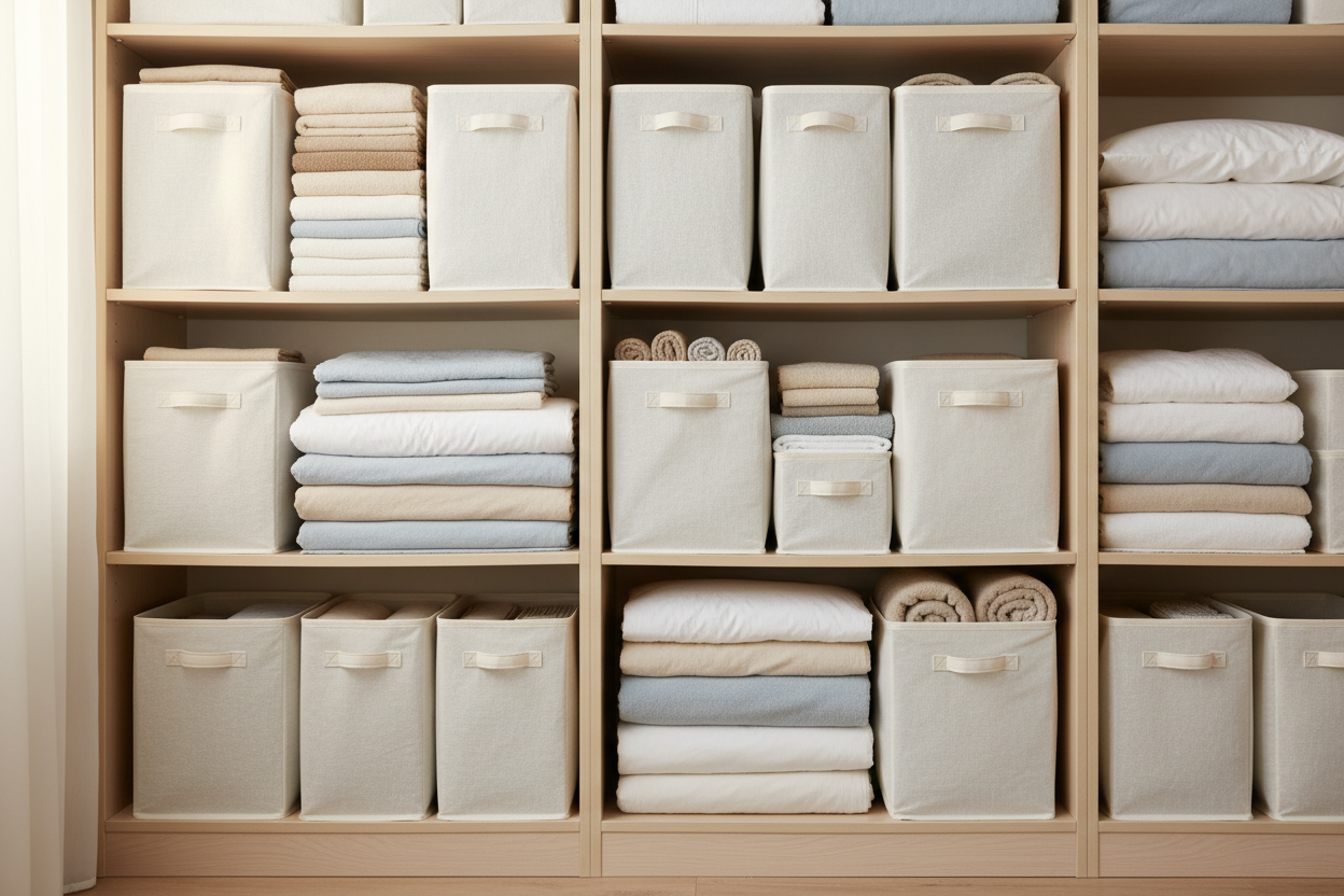 Linen storage organizers neatly holding folded bedding and towels in a clean and organized space