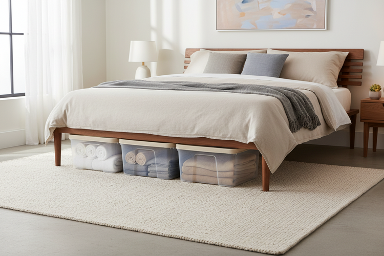 Under bed storage containers organizing clothes and bedding in a clean and space-saving bedroom setup